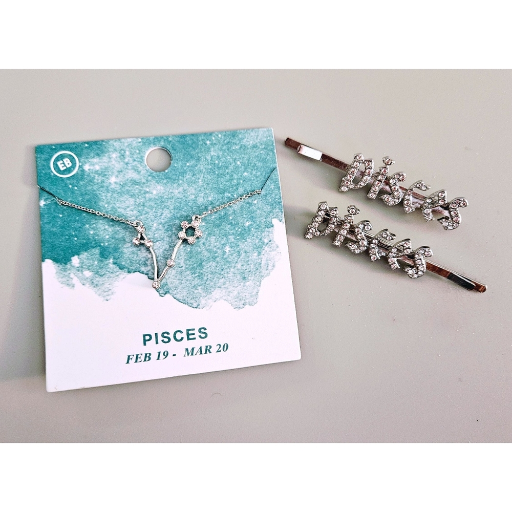 SET (3) Pisces Jewelry, Silver Gems Earthbound, Zodiac Necklace & Hair Pins